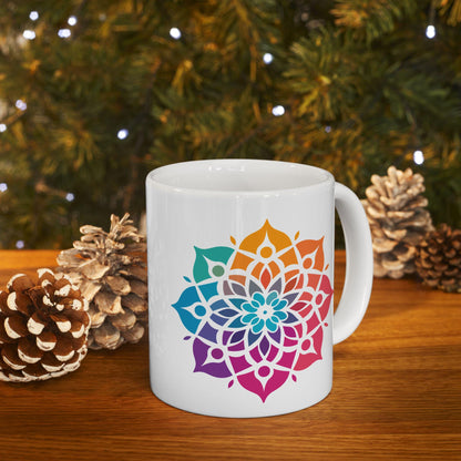 Rainbow Mandala Ceramic Mug | Boho Coffee Cup, 15oz