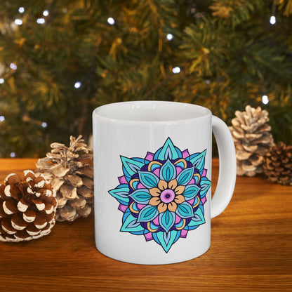 Arctic Bloom Mandala Ceramic Mug | Blue Pink Art, 15oz