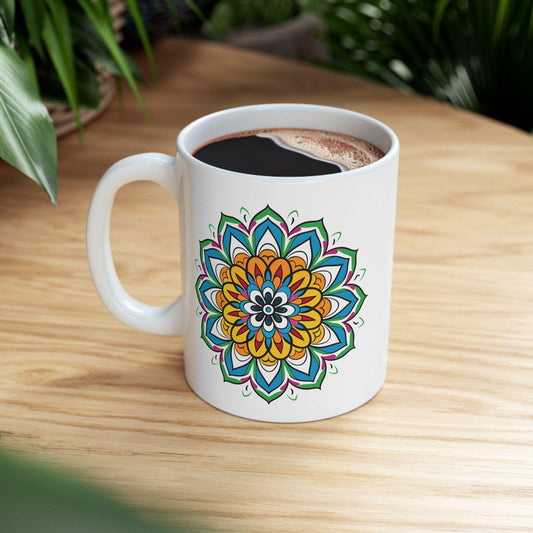 ColorFlow | Golden Bloom Mandala Ceramic Mug | 15oz Coffee Cup | Colorful Boho Art Mug | Gift for Coffee & Tea Lovers