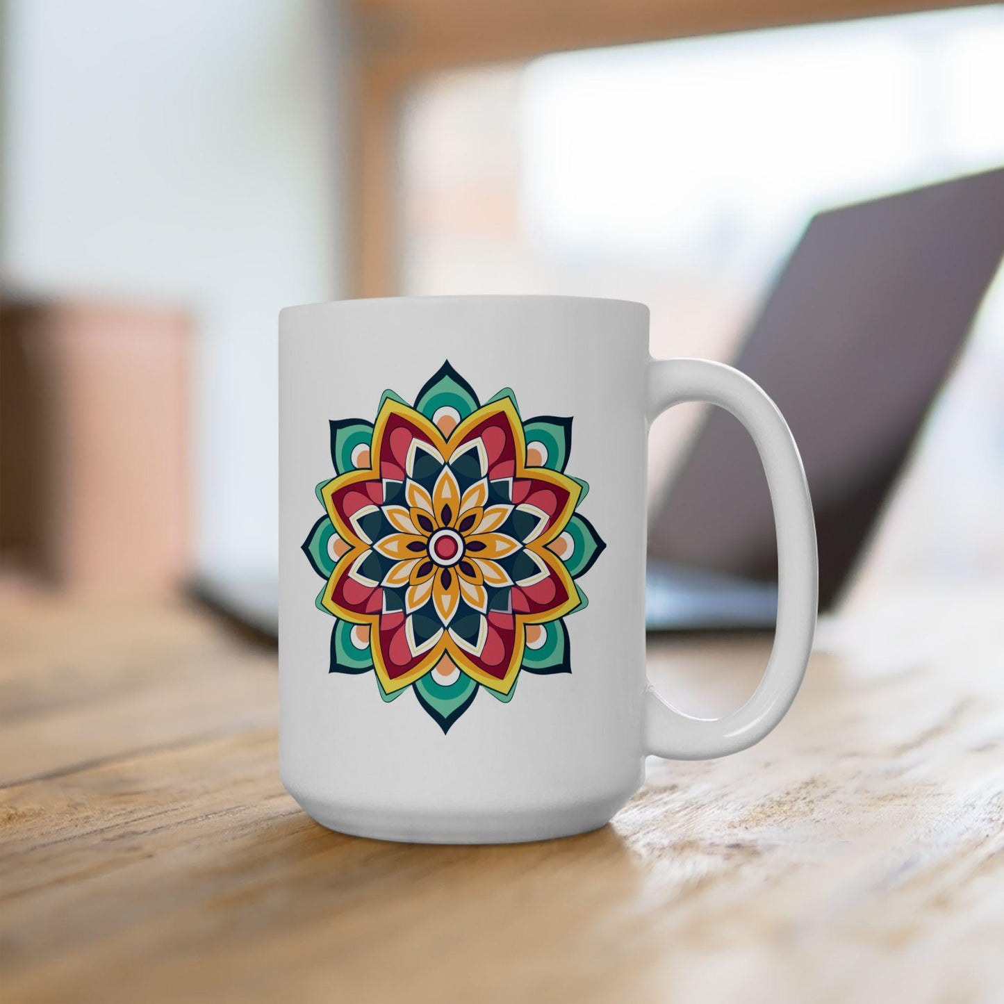 ColorFlow | Golden Harmony Mandala Ceramic Mug | 15oz Coffee Cup | Boho Art Mug | Vibrant Gift for Coffee and Tea Lovers