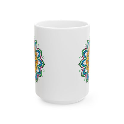 ColorFlow | Golden Bloom Mandala Ceramic Mug | 15oz Coffee Cup | Colorful Boho Art Mug | Gift for Coffee & Tea Lovers