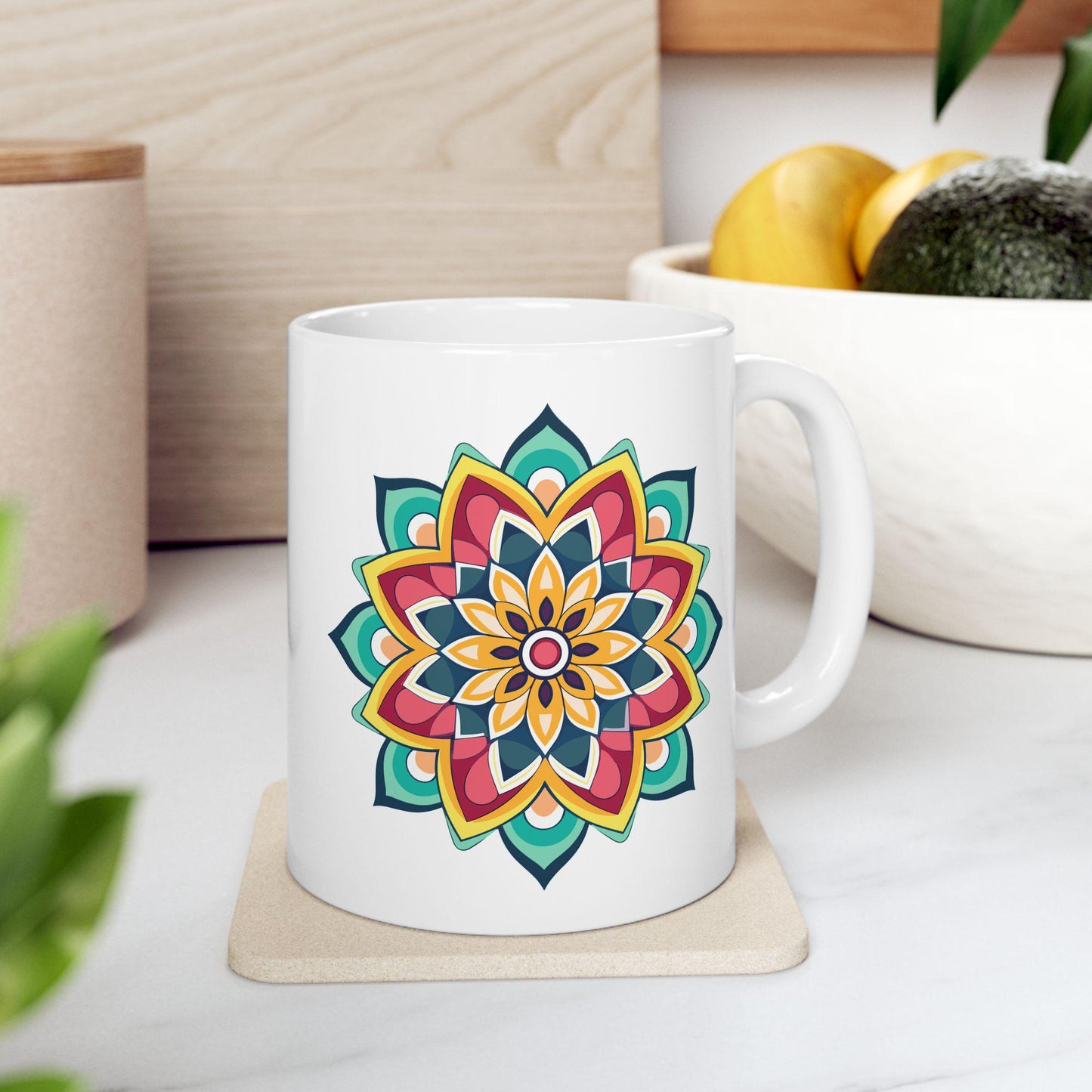 ColorFlow | Golden Harmony Mandala Ceramic Mug | 15oz Coffee Cup | Boho Art Mug | Vibrant Gift for Coffee and Tea Lovers