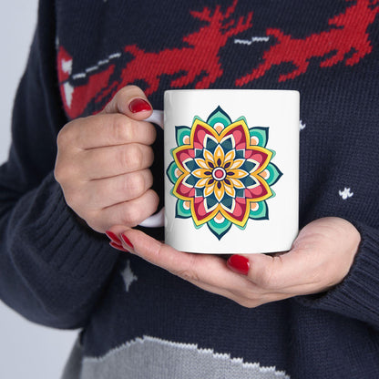 ColorFlow | Golden Harmony Mandala Ceramic Mug | 15oz Coffee Cup | Boho Art Mug | Vibrant Gift for Coffee and Tea Lovers