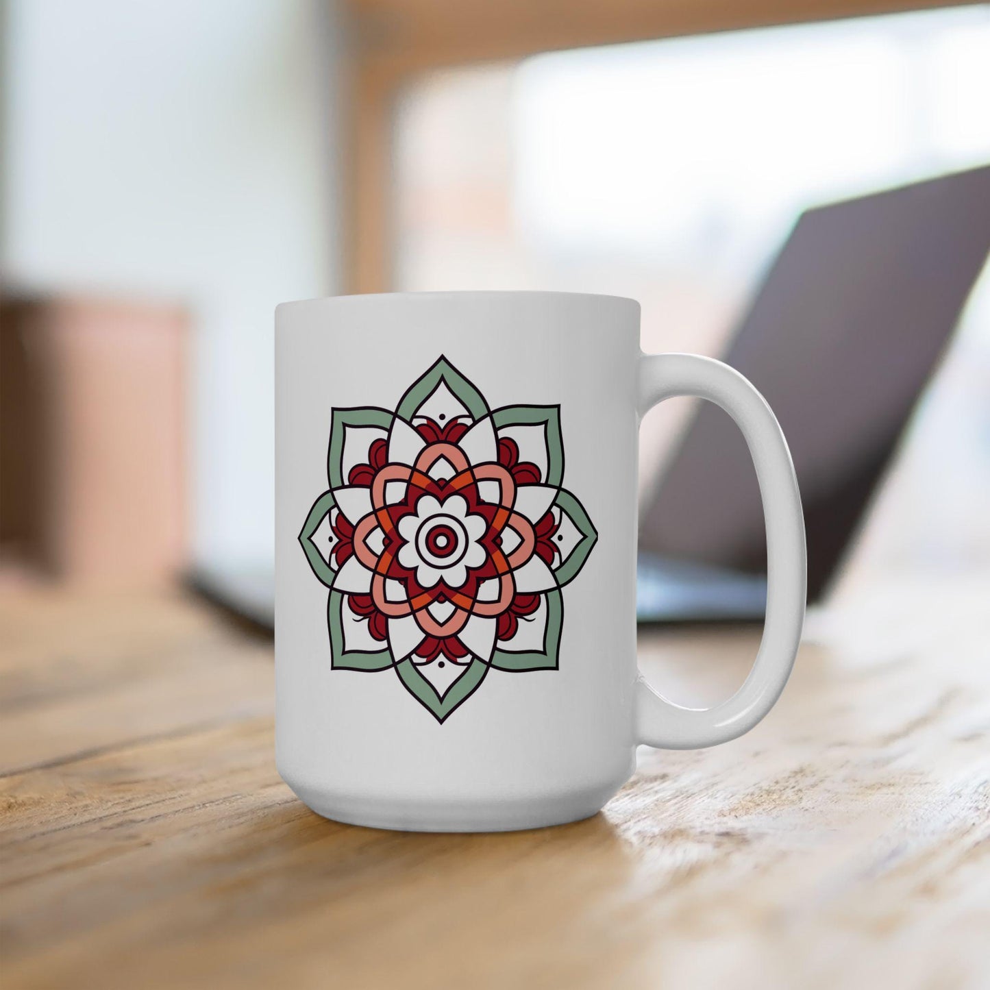 Mandala Ceramic Coffee Mug | Terracotta & Mint Art, 15oz