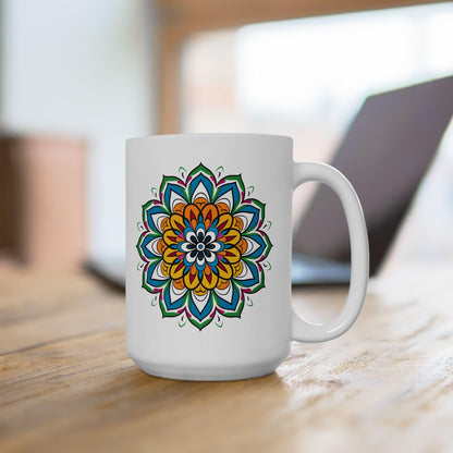 ColorFlow | Golden Bloom Mandala Ceramic Mug | 15oz Coffee Cup | Colorful Boho Art Mug | Gift for Coffee & Tea Lovers