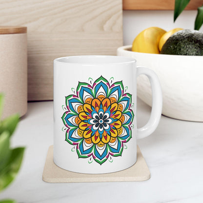 ColorFlow | Golden Bloom Mandala Ceramic Mug | 15oz Coffee Cup | Colorful Boho Art Mug | Gift for Coffee & Tea Lovers