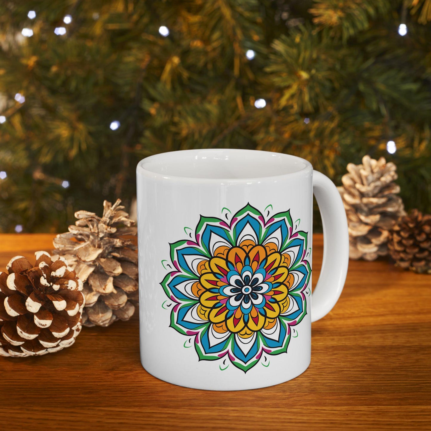 ColorFlow | Golden Bloom Mandala Ceramic Mug | 15oz Coffee Cup | Colorful Boho Art Mug | Gift for Coffee & Tea Lovers