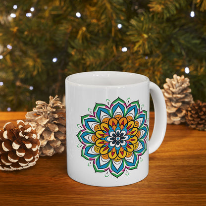 ColorFlow | Golden Bloom Mandala Ceramic Mug | 15oz Coffee Cup | Colorful Boho Art Mug | Gift for Coffee & Tea Lovers