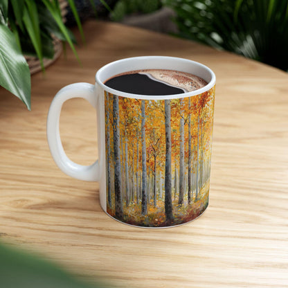 Autumn Birch Forest Art Mug | Cozy Fall Coffee Cup, 15 oz