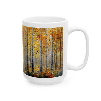 Autumn Birch Forest Art Mug | Cozy Fall Coffee Cup, 15 oz