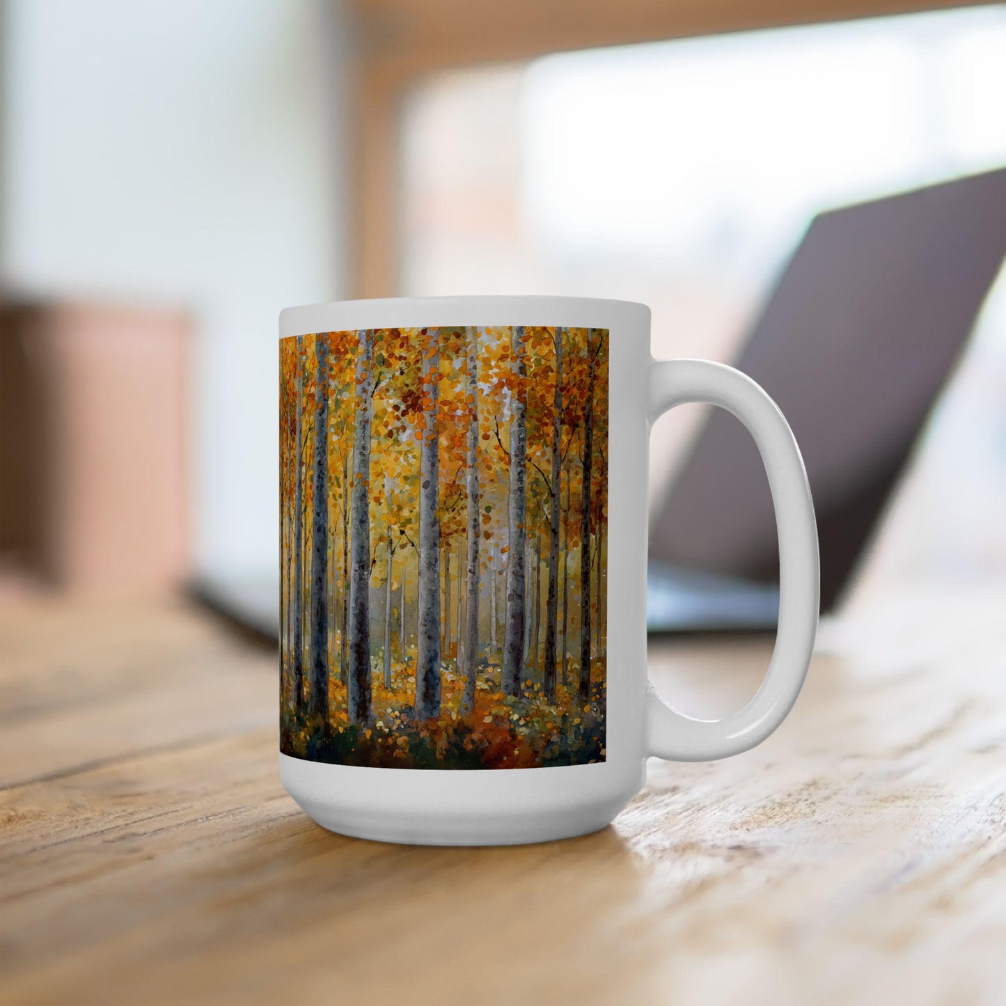 Autumn Birch Forest Art Mug | Cozy Fall Coffee Cup, 15 oz
