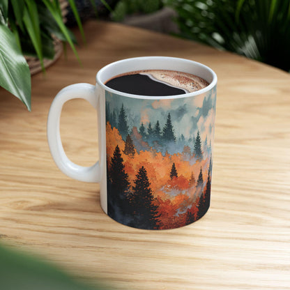 ColorFlow | Misty Mountain Forest Mug | 15 oz Ceramic Coffee Cup | Autumn Landscape Art Mug | Nature Lover Gift