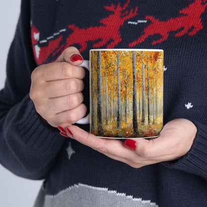 Autumn Birch Forest Art Mug | Cozy Fall Coffee Cup, 15 oz