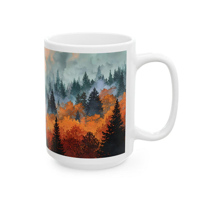ColorFlow | Misty Mountain Forest Mug | 15 oz Ceramic Coffee Cup | Autumn Landscape Art Mug | Nature Lover Gift