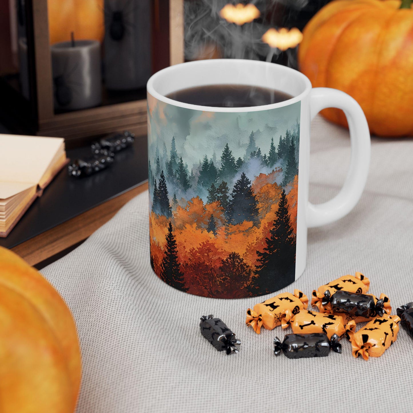 ColorFlow | Misty Mountain Forest Mug | 15 oz Ceramic Coffee Cup | Autumn Landscape Art Mug | Nature Lover Gift