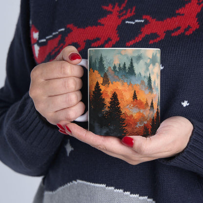 ColorFlow | Misty Mountain Forest Mug | 15 oz Ceramic Coffee Cup | Autumn Landscape Art Mug | Nature Lover Gift