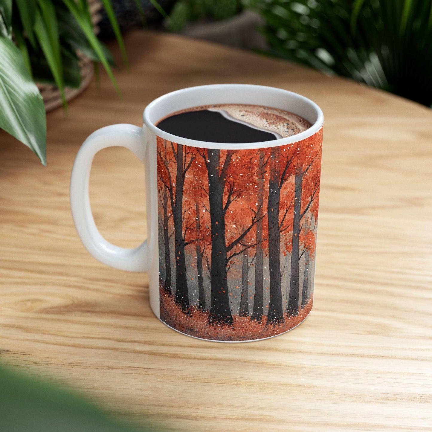 ColorFlow | Crimson Autumn Forest Mug | 15 oz Ceramic Coffee Cup | Fall Art Coffee Mug | Nature Lover Gift