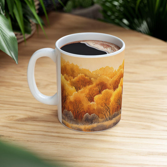 ColorFlow | Golden Fall Forest Mug | 15 oz Ceramic Coffee Cup | Autumn Art Mug | Warm Nature Inspired Gift
