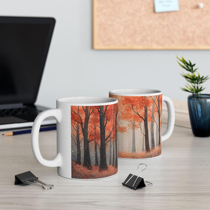 ColorFlow | Crimson Autumn Forest Mug | 15 oz Ceramic Coffee Cup | Fall Art Coffee Mug | Nature Lover Gift
