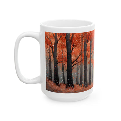 ColorFlow | Crimson Autumn Forest Mug | 15 oz Ceramic Coffee Cup | Fall Art Coffee Mug | Nature Lover Gift