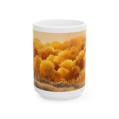 ColorFlow | Golden Fall Forest Mug | 15 oz Ceramic Coffee Cup | Autumn Art Mug | Warm Nature Inspired Gift