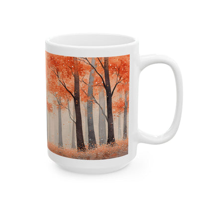 ColorFlow | Crimson Autumn Forest Mug | 15 oz Ceramic Coffee Cup | Fall Art Coffee Mug | Nature Lover Gift