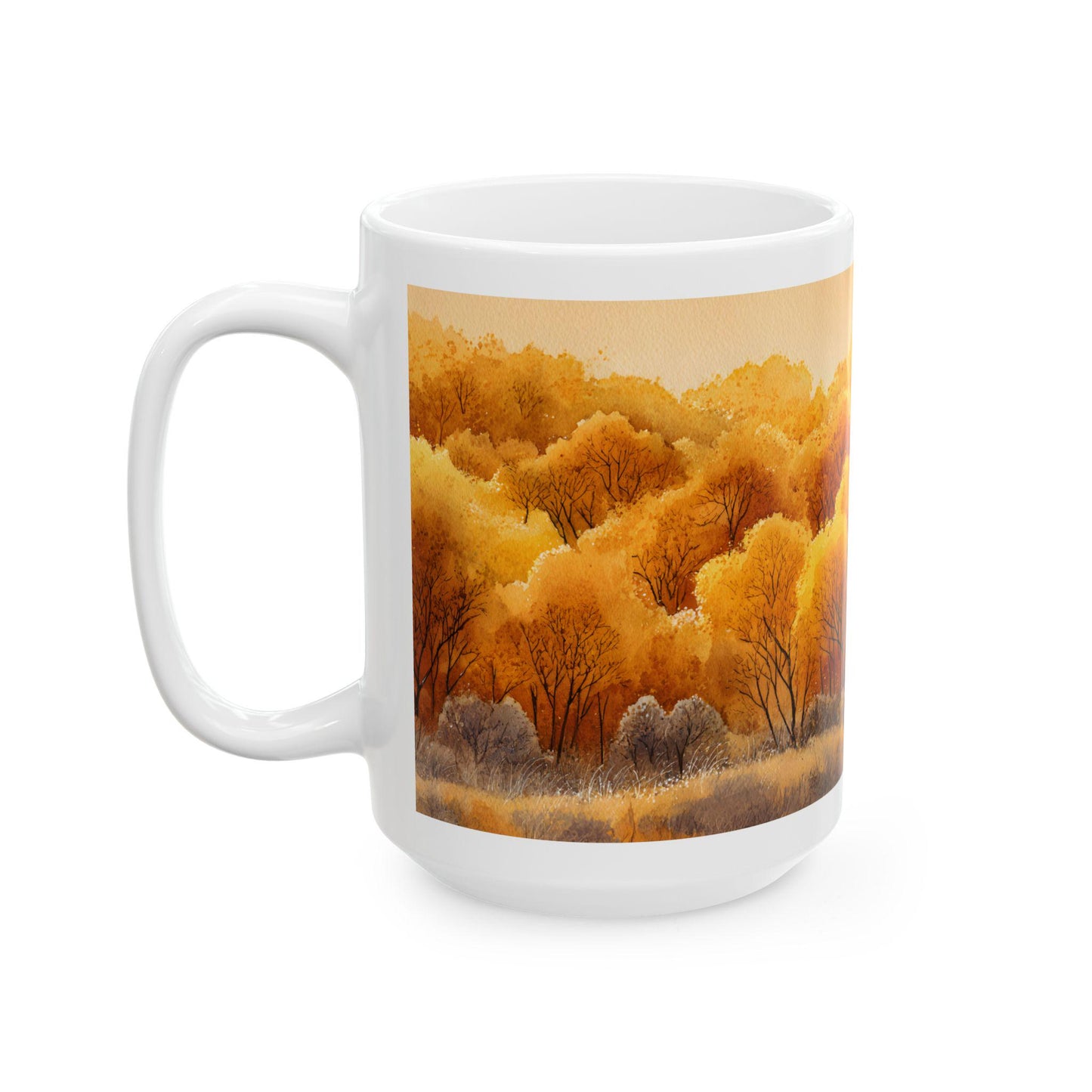 ColorFlow | Golden Fall Forest Mug | 15 oz Ceramic Coffee Cup | Autumn Art Mug | Warm Nature Inspired Gift