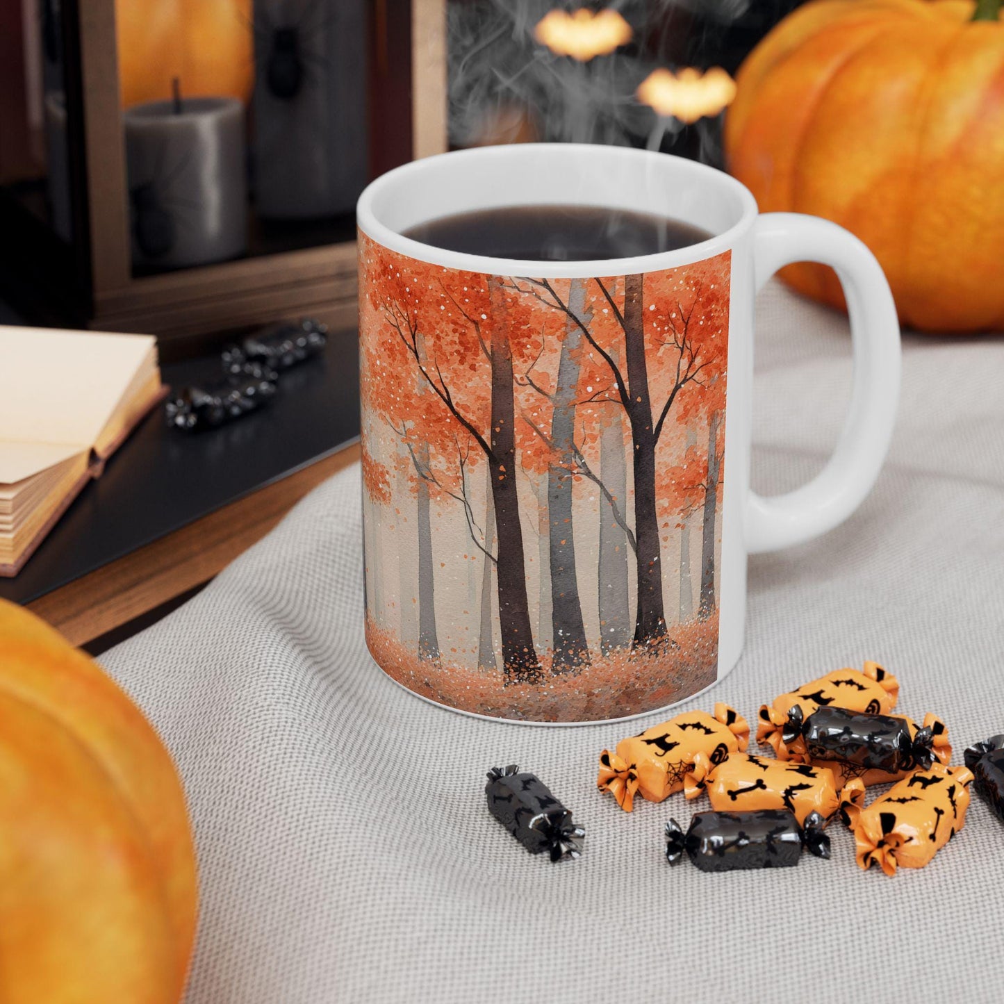 ColorFlow | Crimson Autumn Forest Mug | 15 oz Ceramic Coffee Cup | Fall Art Coffee Mug | Nature Lover Gift