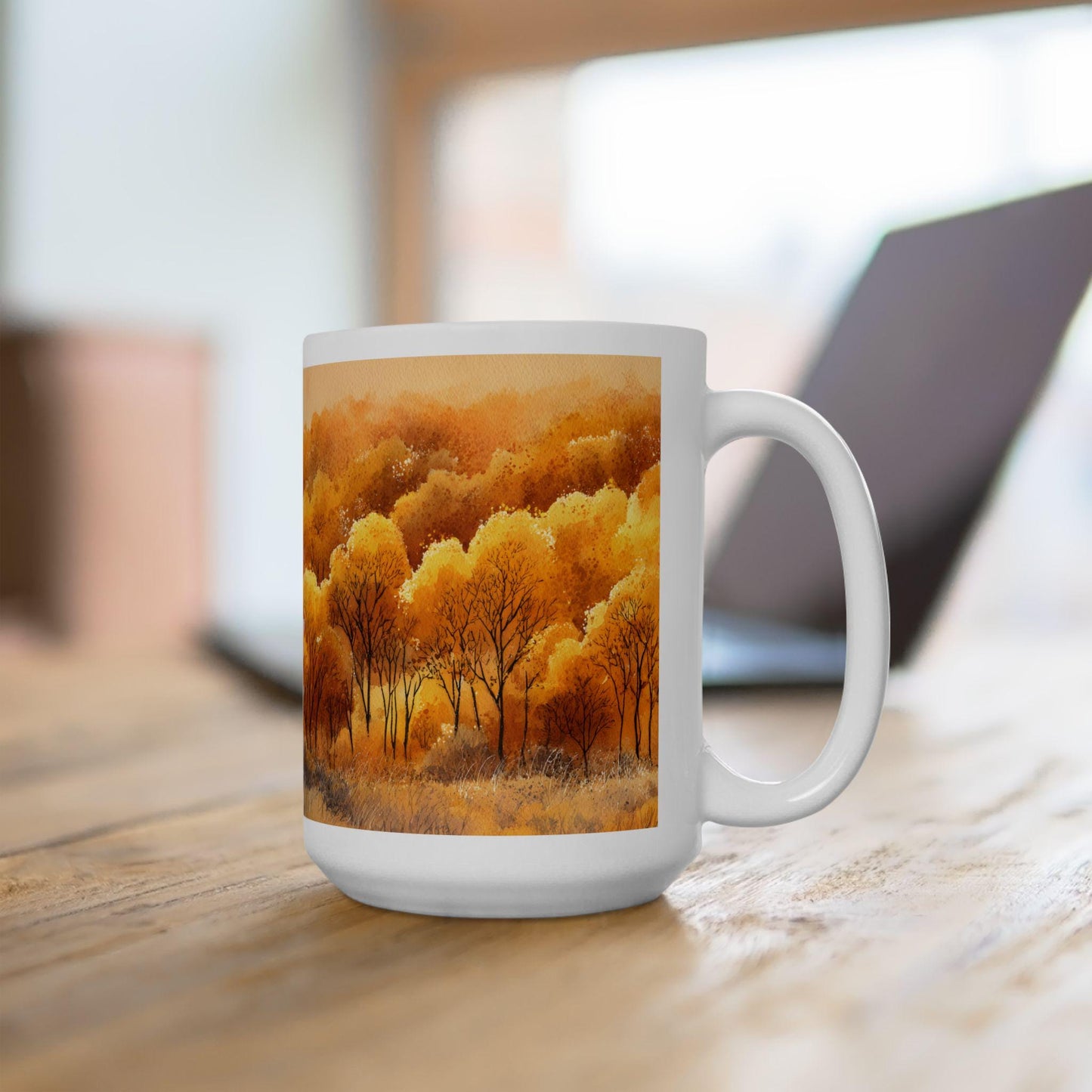 ColorFlow | Golden Fall Forest Mug | 15 oz Ceramic Coffee Cup | Autumn Art Mug | Warm Nature Inspired Gift
