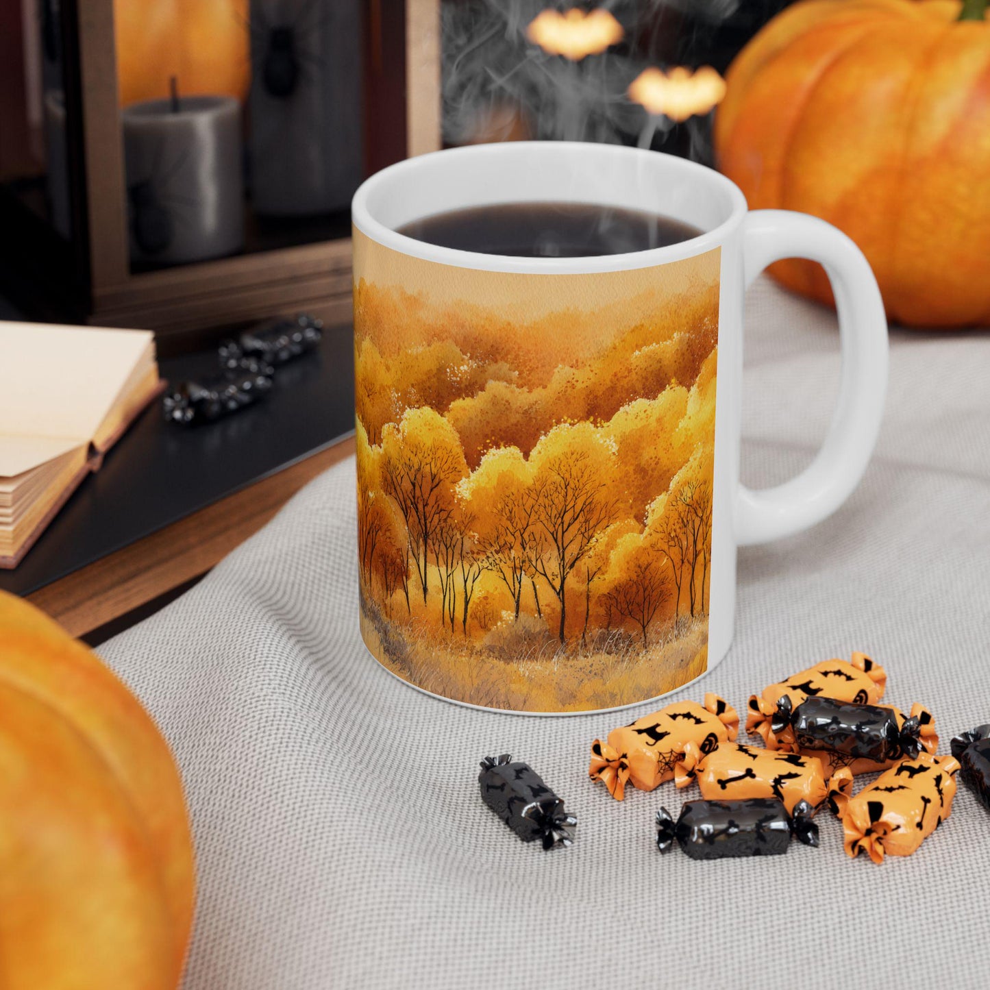 ColorFlow | Golden Fall Forest Mug | 15 oz Ceramic Coffee Cup | Autumn Art Mug | Warm Nature Inspired Gift