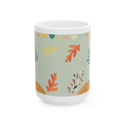 ColorFlow | Pastel Autumn Leaves Mug | 15 oz Ceramic Coffee Cup | Modern Fall Art Mug | Cozy Seasonal Gift