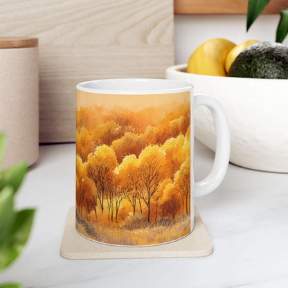 ColorFlow | Golden Fall Forest Mug | 15 oz Ceramic Coffee Cup | Autumn Art Mug | Warm Nature Inspired Gift