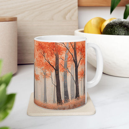 ColorFlow | Crimson Autumn Forest Mug | 15 oz Ceramic Coffee Cup | Fall Art Coffee Mug | Nature Lover Gift