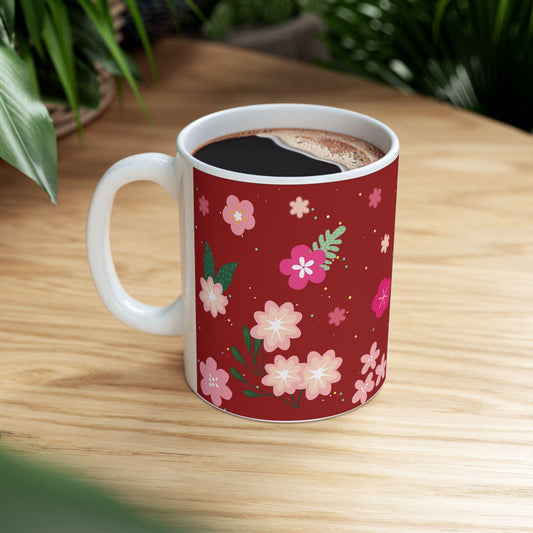 Floral Ceramic Coffee Mug | Crimson Red, Elegant Gift