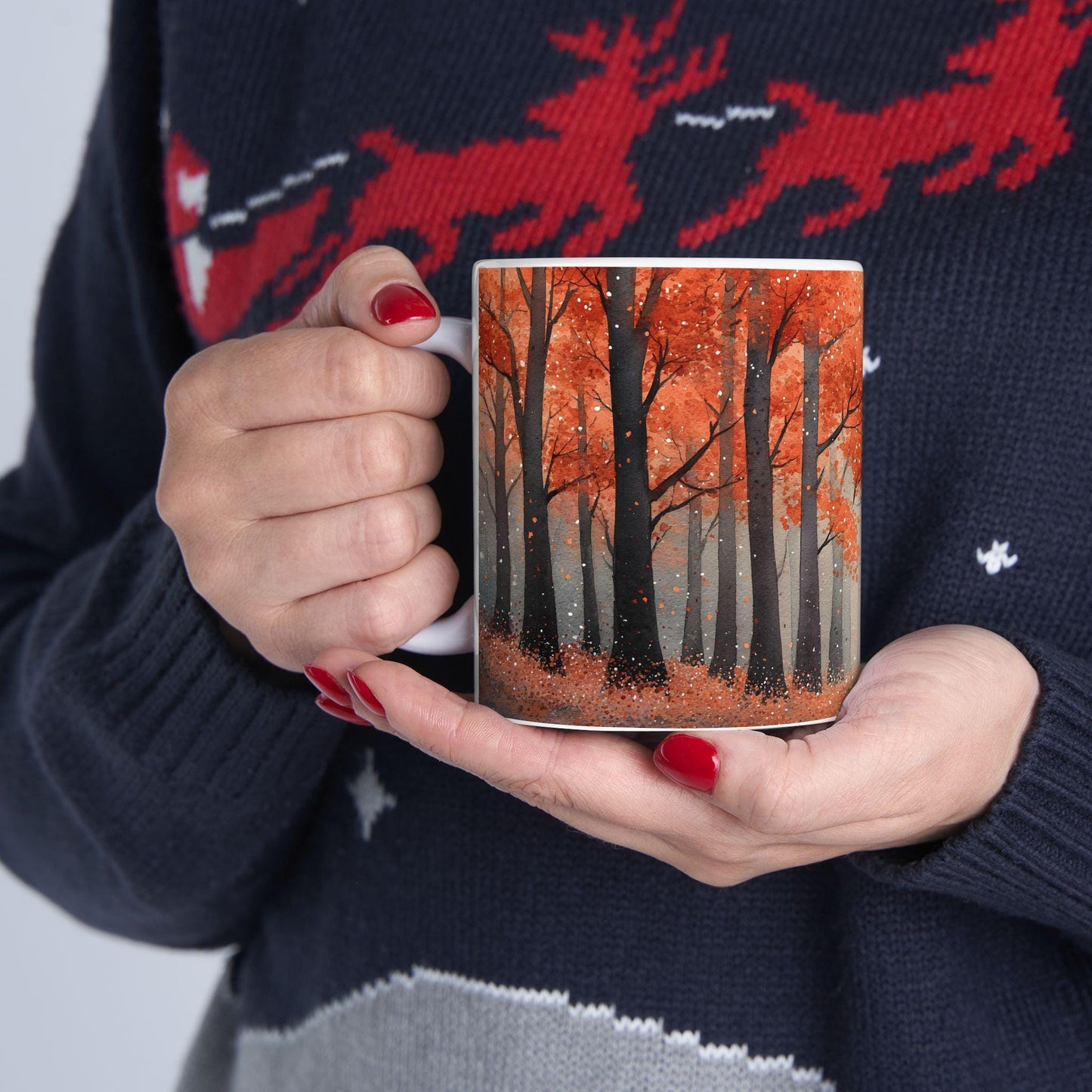 ColorFlow | Crimson Autumn Forest Mug | 15 oz Ceramic Coffee Cup | Fall Art Coffee Mug | Nature Lover Gift