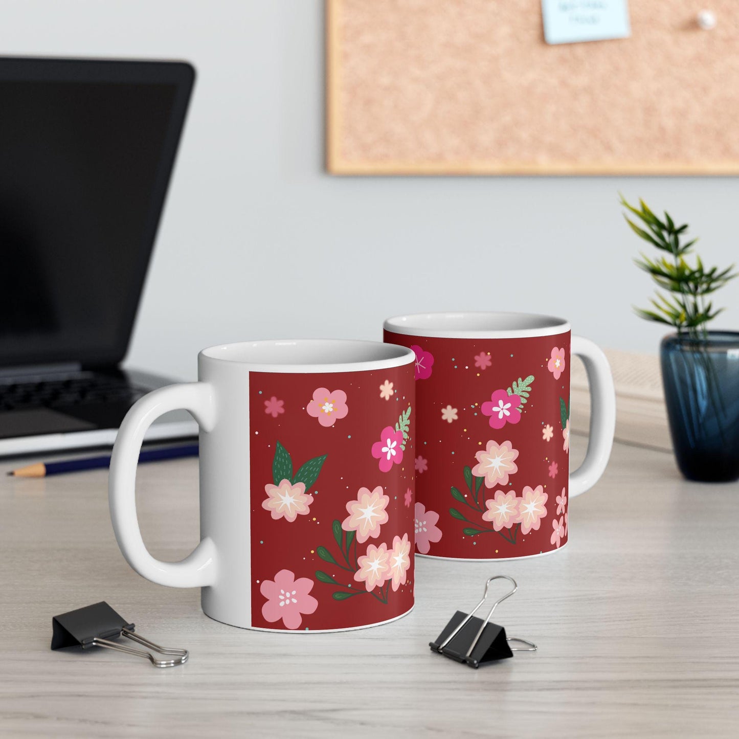 Floral Ceramic Coffee Mug | Crimson Red, Elegant Gift