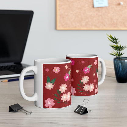 Floral Ceramic Coffee Mug | Crimson Red, Elegant Gift