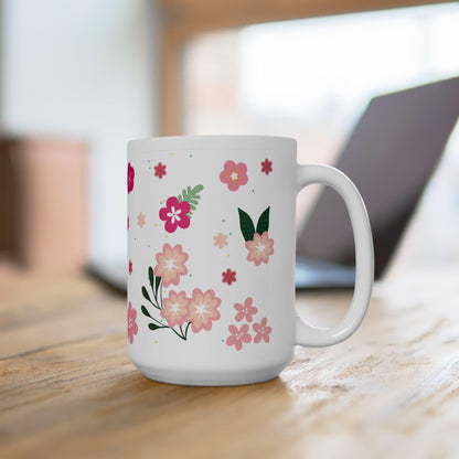Pink Blossom Floral Coffee Mug | 15 oz Ceramic Spring Mug