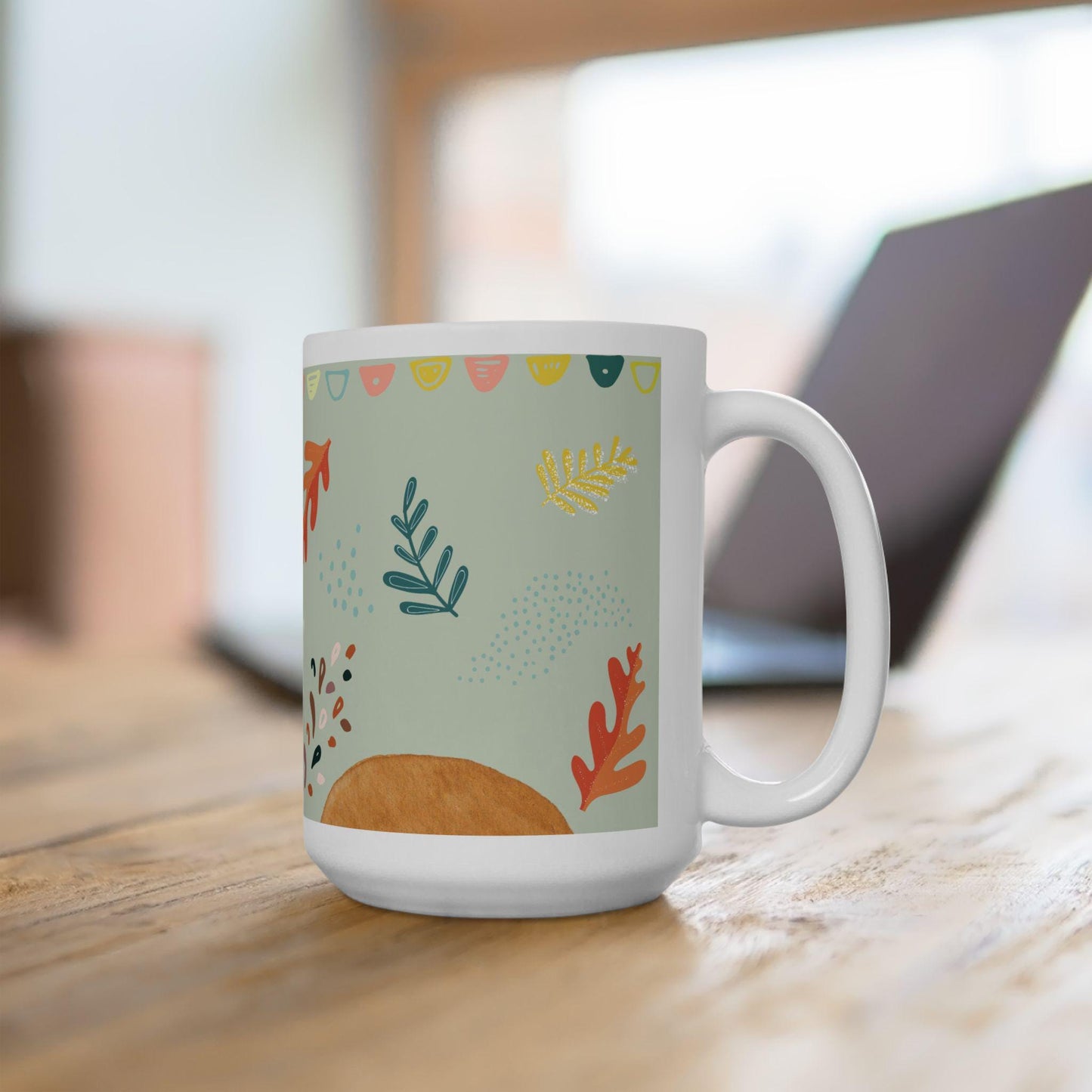 ColorFlow | Pastel Autumn Leaves Mug | 15 oz Ceramic Coffee Cup | Modern Fall Art Mug | Cozy Seasonal Gift