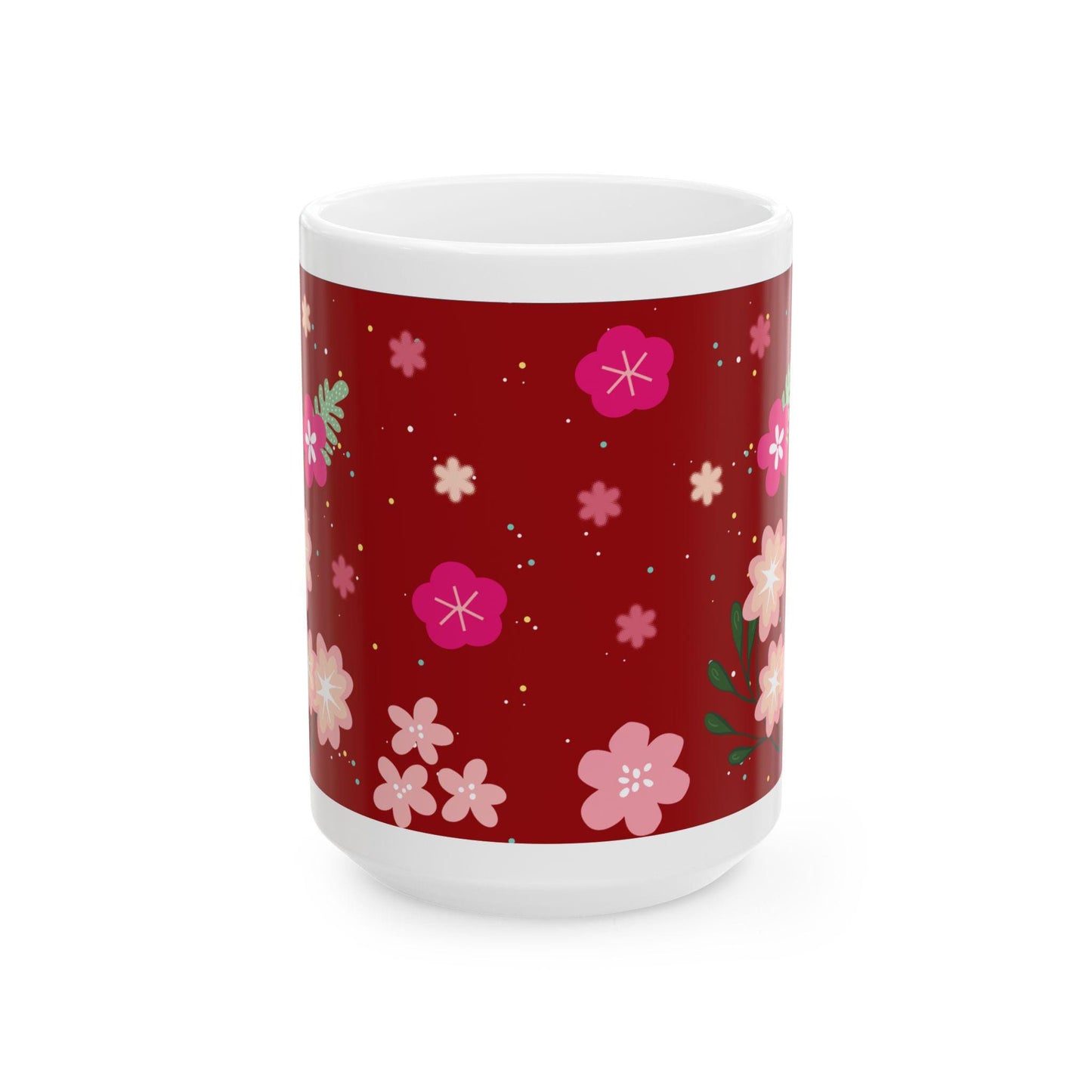 Floral Ceramic Coffee Mug | Crimson Red, Elegant Gift