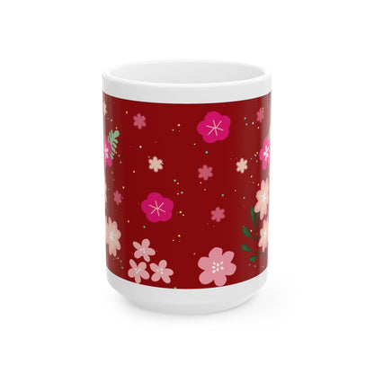 Floral Ceramic Coffee Mug | Crimson Red, Elegant Gift