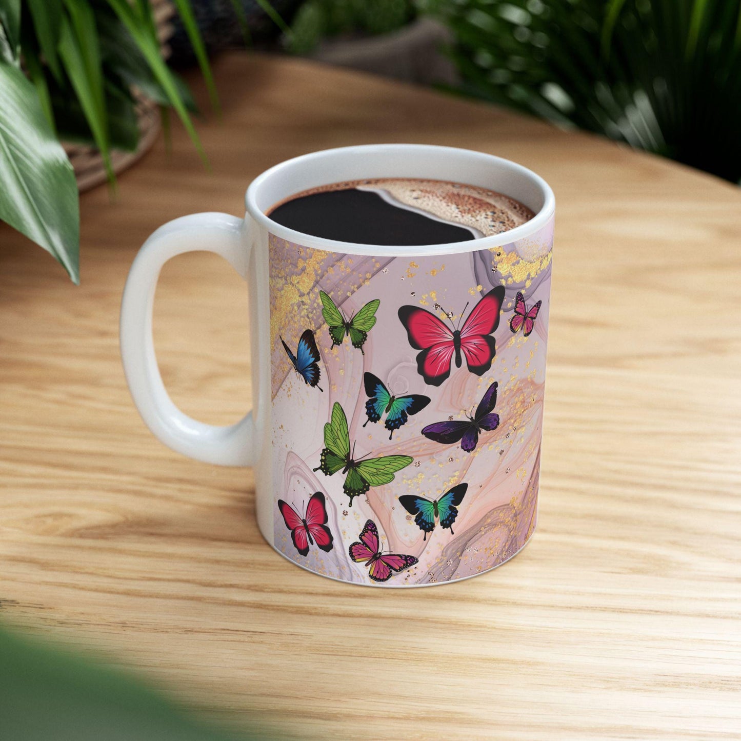 ColorFlow | Pink Marble Butterfly Mug | 15 oz Ceramic Coffee Cup | Elegant Gold Accent Mug | Gift for Her