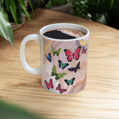 ColorFlow | Pink Marble Butterfly Mug | 15 oz Ceramic Coffee Cup | Elegant Gold Accent Mug | Gift for Her