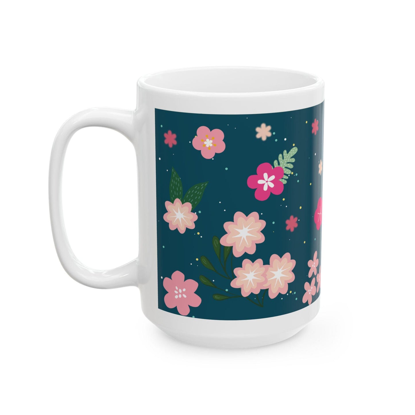 ColorFlow | Midnight Bloom Floral Mug | 15 oz Ceramic Coffee Cup | Dark Blue Flower Art Mug | Gift for Her