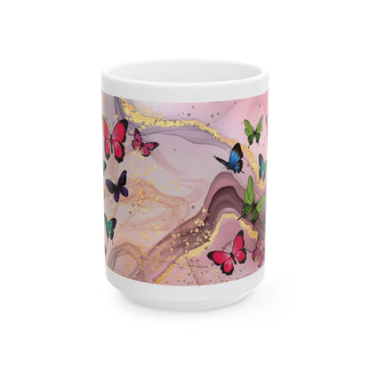 ColorFlow | Pink Marble Butterfly Mug | 15 oz Ceramic Coffee Cup | Elegant Gold Accent Mug | Gift for Her