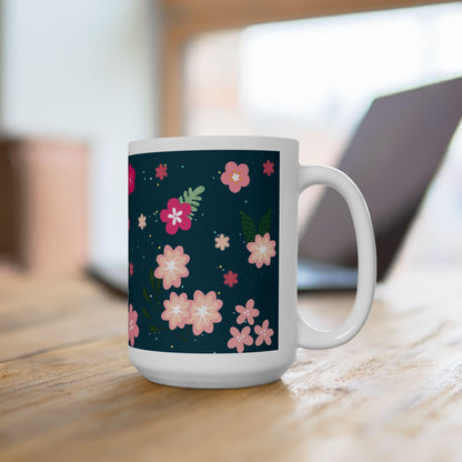ColorFlow | Midnight Bloom Floral Mug | 15 oz Ceramic Coffee Cup | Dark Blue Flower Art Mug | Gift for Her
