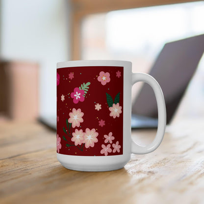Floral Ceramic Coffee Mug | Crimson Red, Elegant Gift
