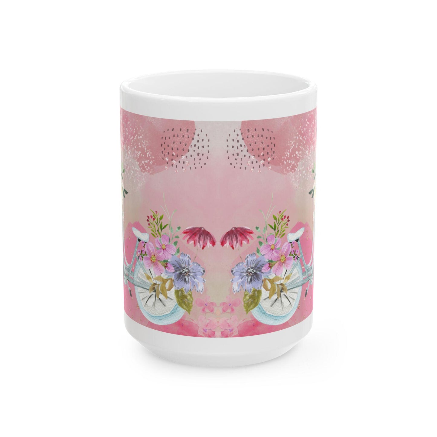 ColorFlow | Watercolor Floral Bicycle Mug | 15 oz Ceramic Coffee Cup | Pink Flower Art Mug | Gift for Her