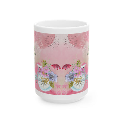 ColorFlow | Watercolor Floral Bicycle Mug | 15 oz Ceramic Coffee Cup | Pink Flower Art Mug | Gift for Her