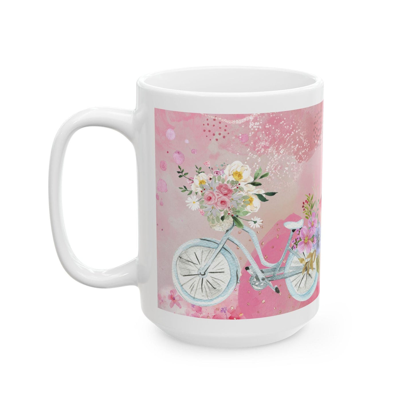 ColorFlow | Watercolor Floral Bicycle Mug | 15 oz Ceramic Coffee Cup | Pink Flower Art Mug | Gift for Her